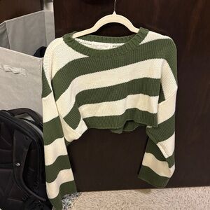 Green and White Striped Cropped Sweater